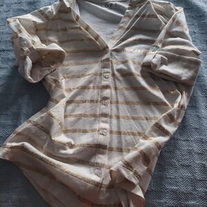 LOFT White and Gold Striped Button-Up Shirt